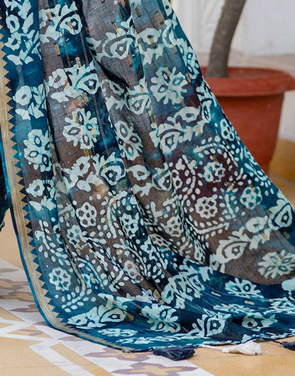 Navy Blue Cotton Printed Zari Stripe Saree