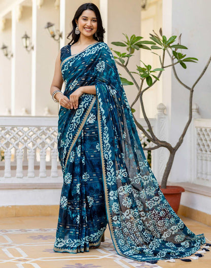 Navy Blue Cotton Printed Zari Stripe Saree