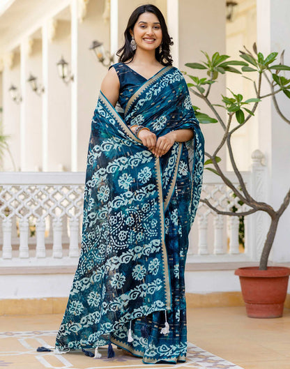 Navy Blue Cotton Printed Zari Stripe Saree