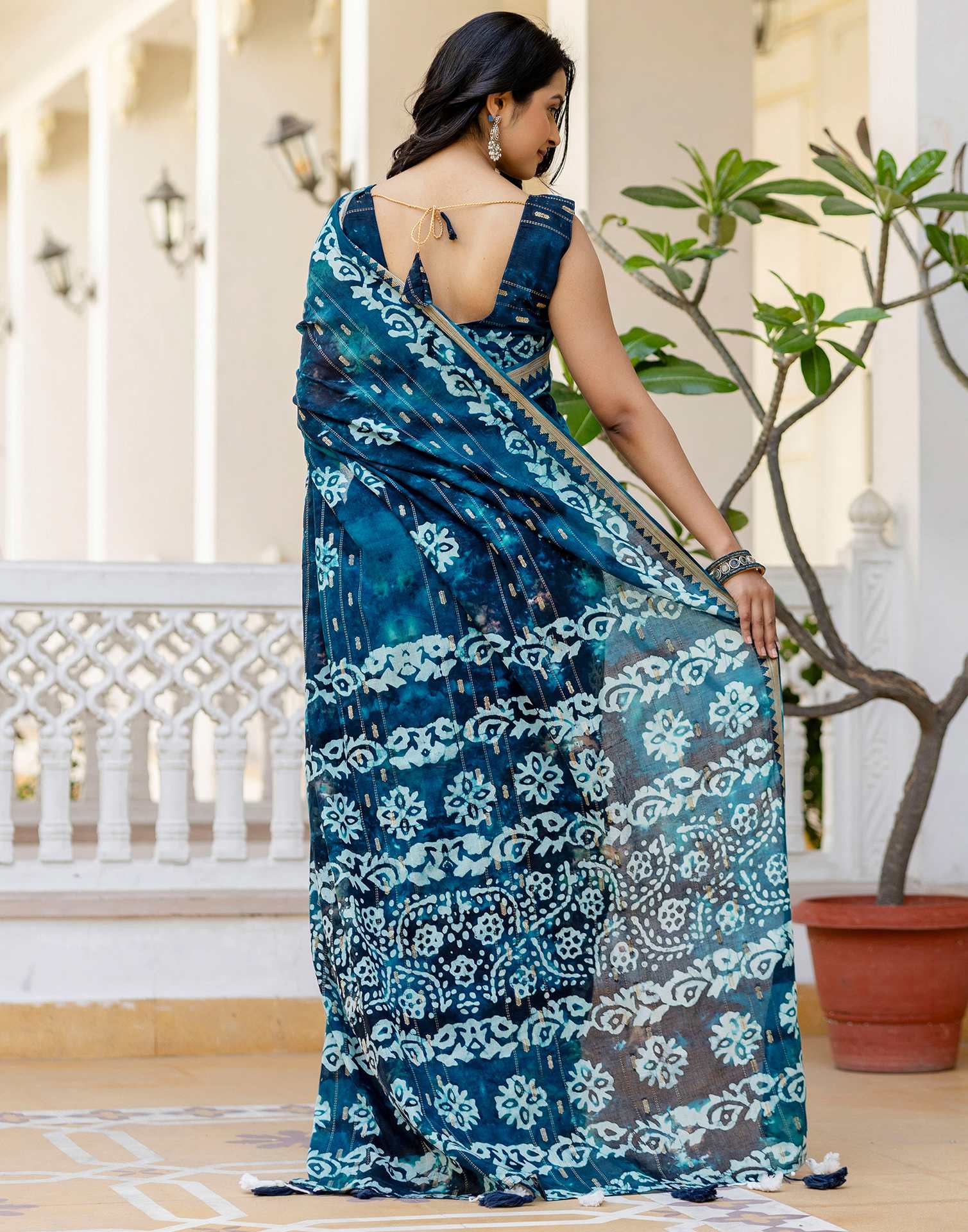 Navy Blue Cotton Printed Zari Stripe Saree