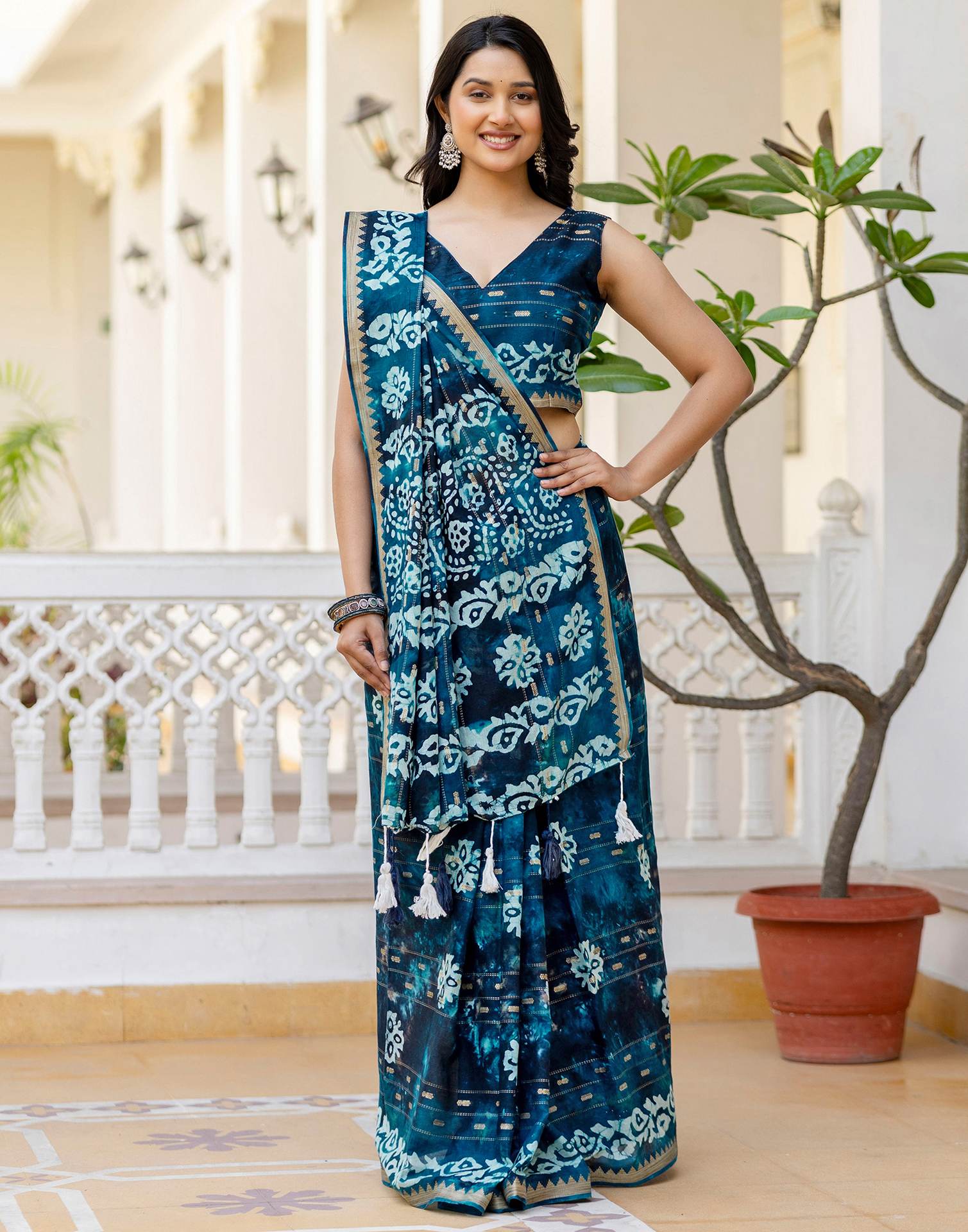 Navy Blue Cotton Printed Zari Stripe Saree