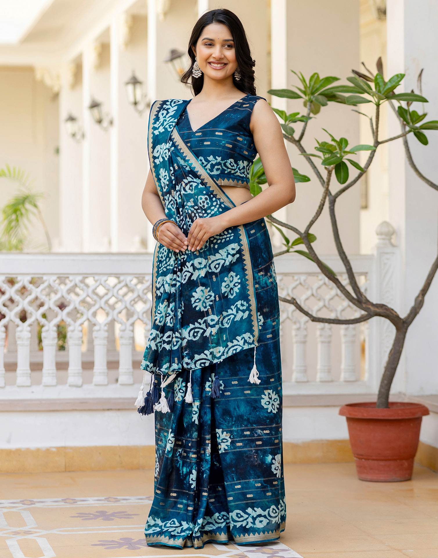 Navy Blue Cotton Printed Zari Stripe Saree