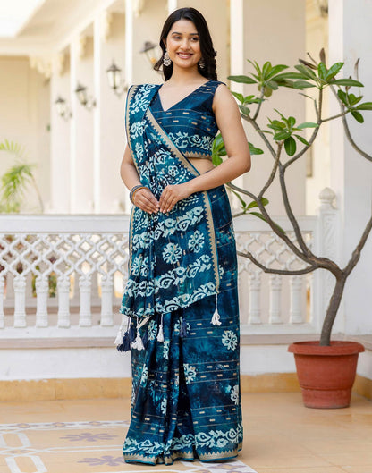 Navy Blue Cotton Printed Zari Stripe Saree