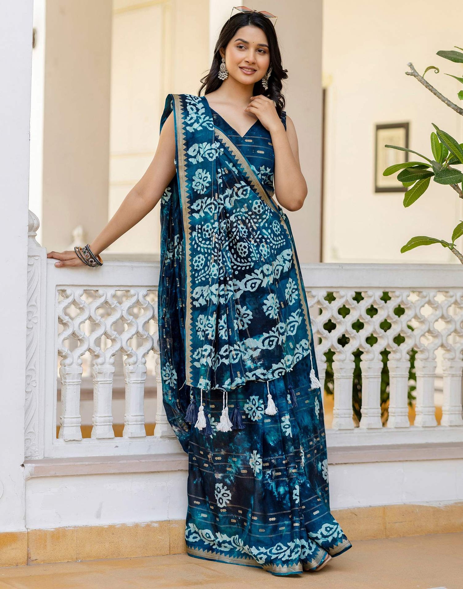 Navy Blue Cotton Printed Zari Stripe Saree