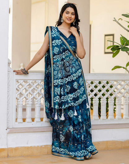 Navy Blue Cotton Printed Zari Stripe Saree