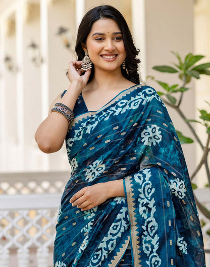Navy Blue Cotton Printed Zari Stripe Saree