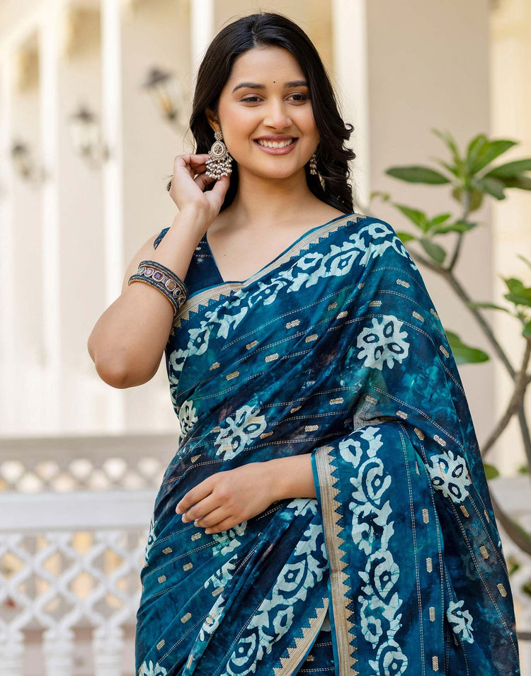 Navy Blue Cotton Printed Zari Stripe Saree