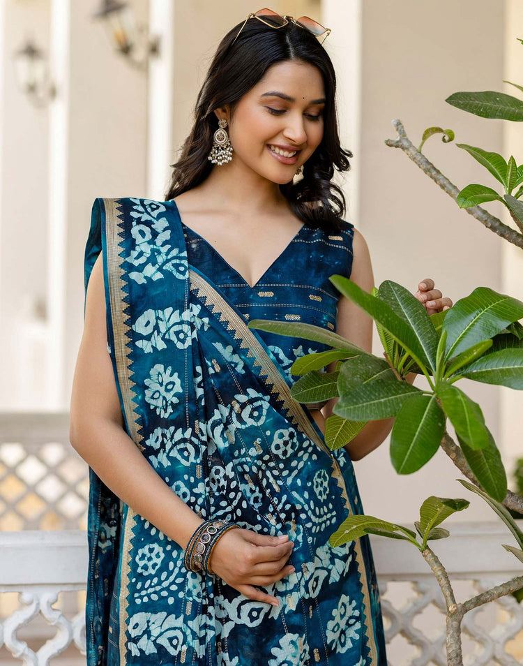 Navy Blue Cotton Printed Zari Stripe Saree