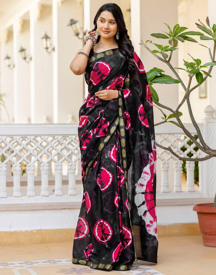 Black Cotton Printed Woven Border Saree