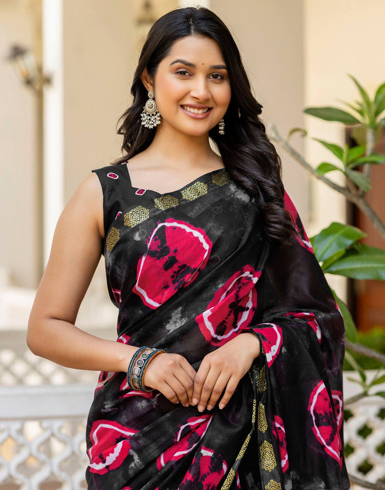 Black Cotton Printed Woven Border Saree