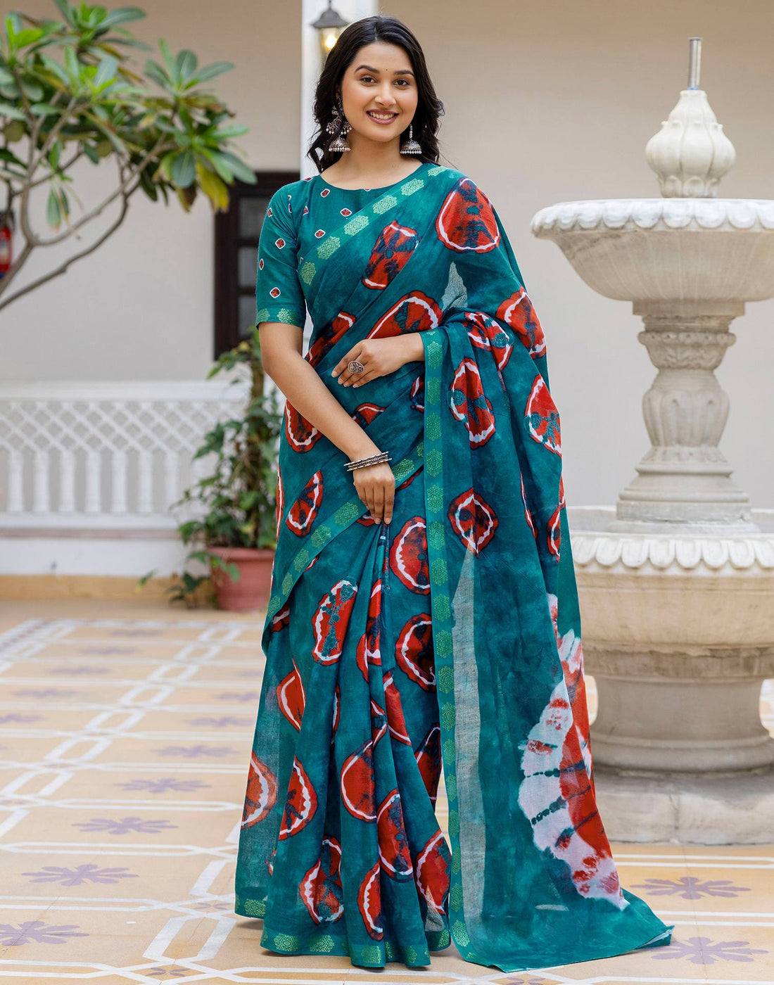 Brown Cotton Printed Woven Border Saree