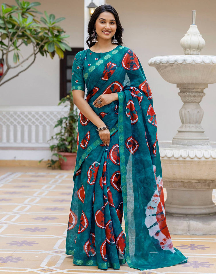 Brown Cotton Printed Woven Border Saree