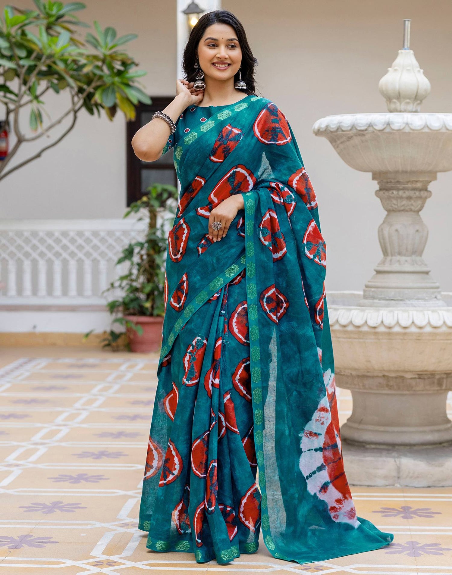 Brown Cotton Printed Woven Border Saree