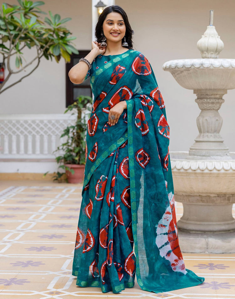 Brown Cotton Printed Woven Border Saree