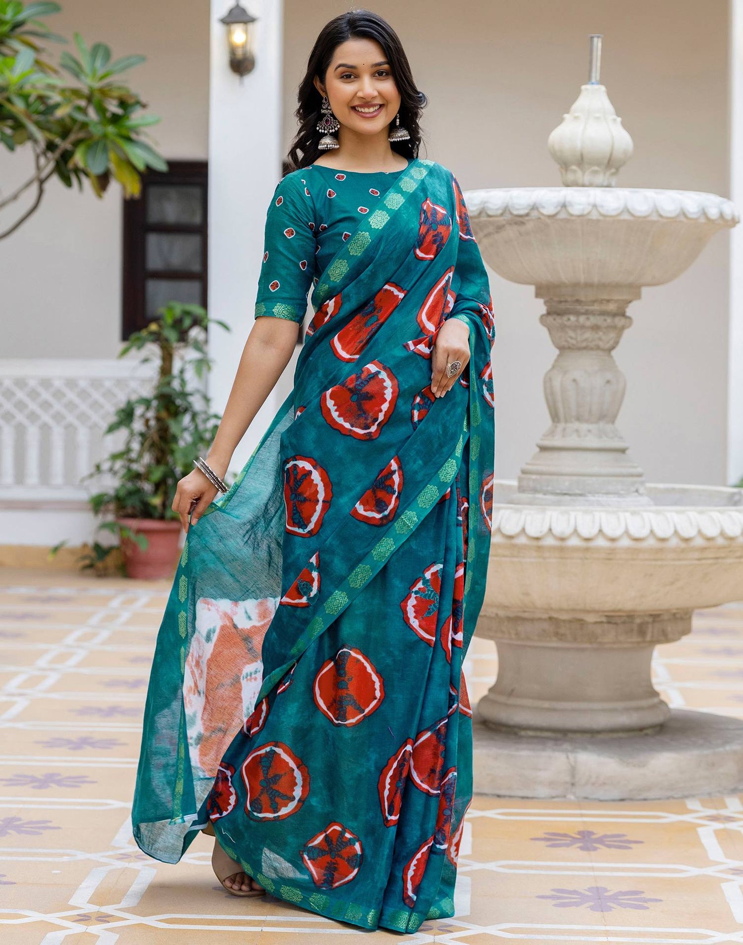 Brown Cotton Printed Woven Border Saree