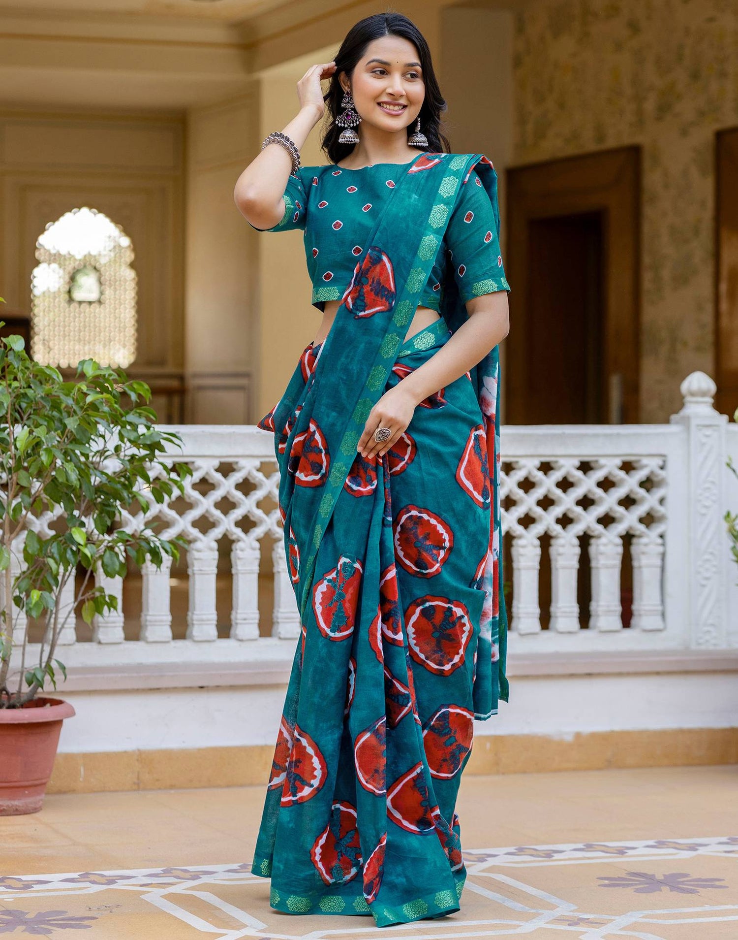 Brown Cotton Printed Woven Border Saree