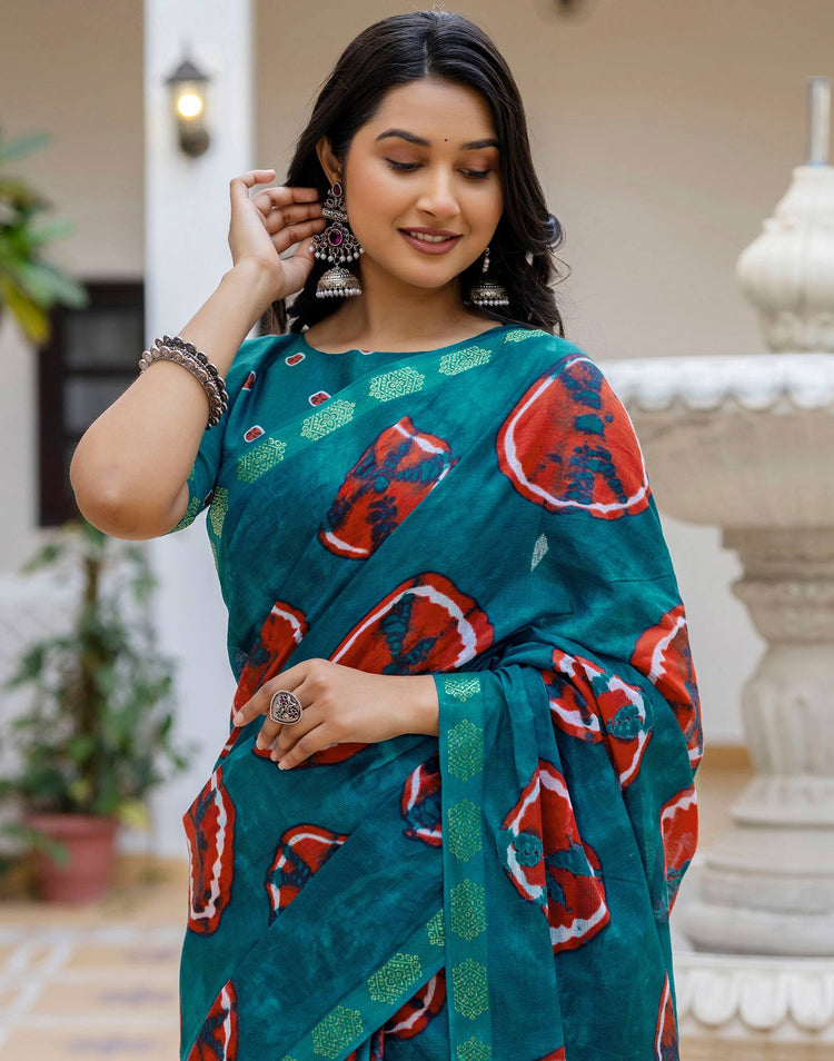 Brown Cotton Printed Woven Border Saree