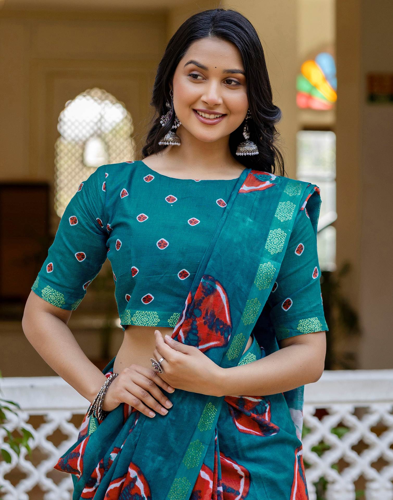 Brown Cotton Printed Woven Border Saree