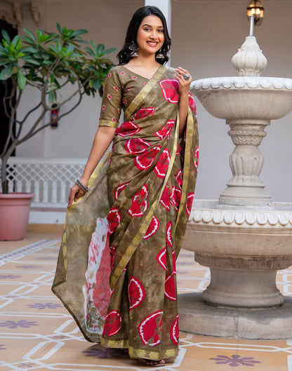 Peacock Blue Cotton Printed Woven Border Saree