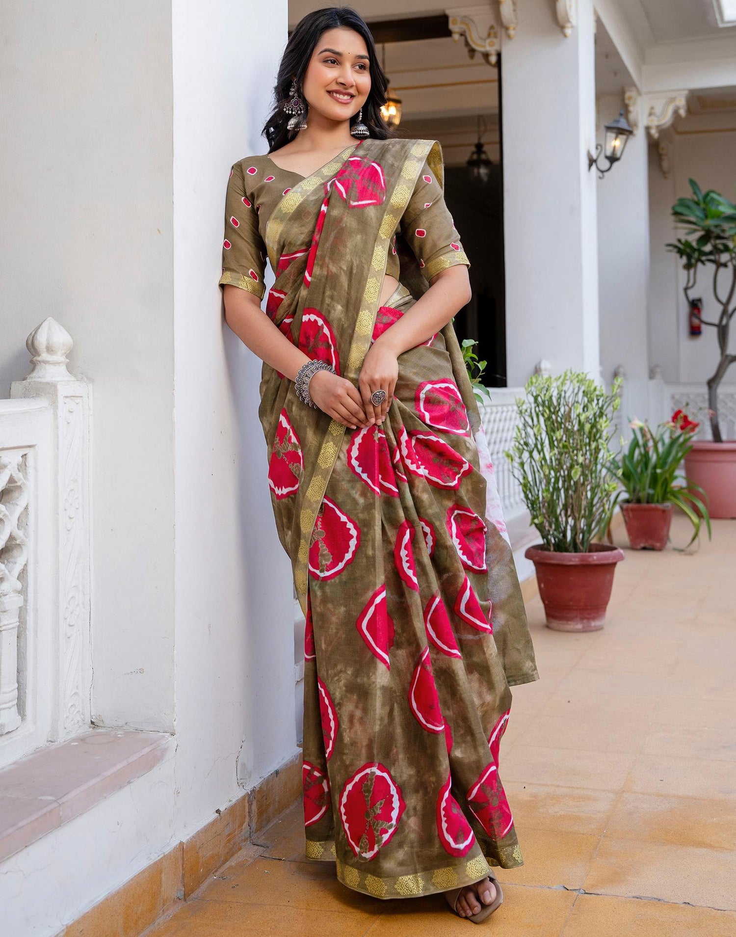 Peacock Blue Cotton Printed Woven Border Saree