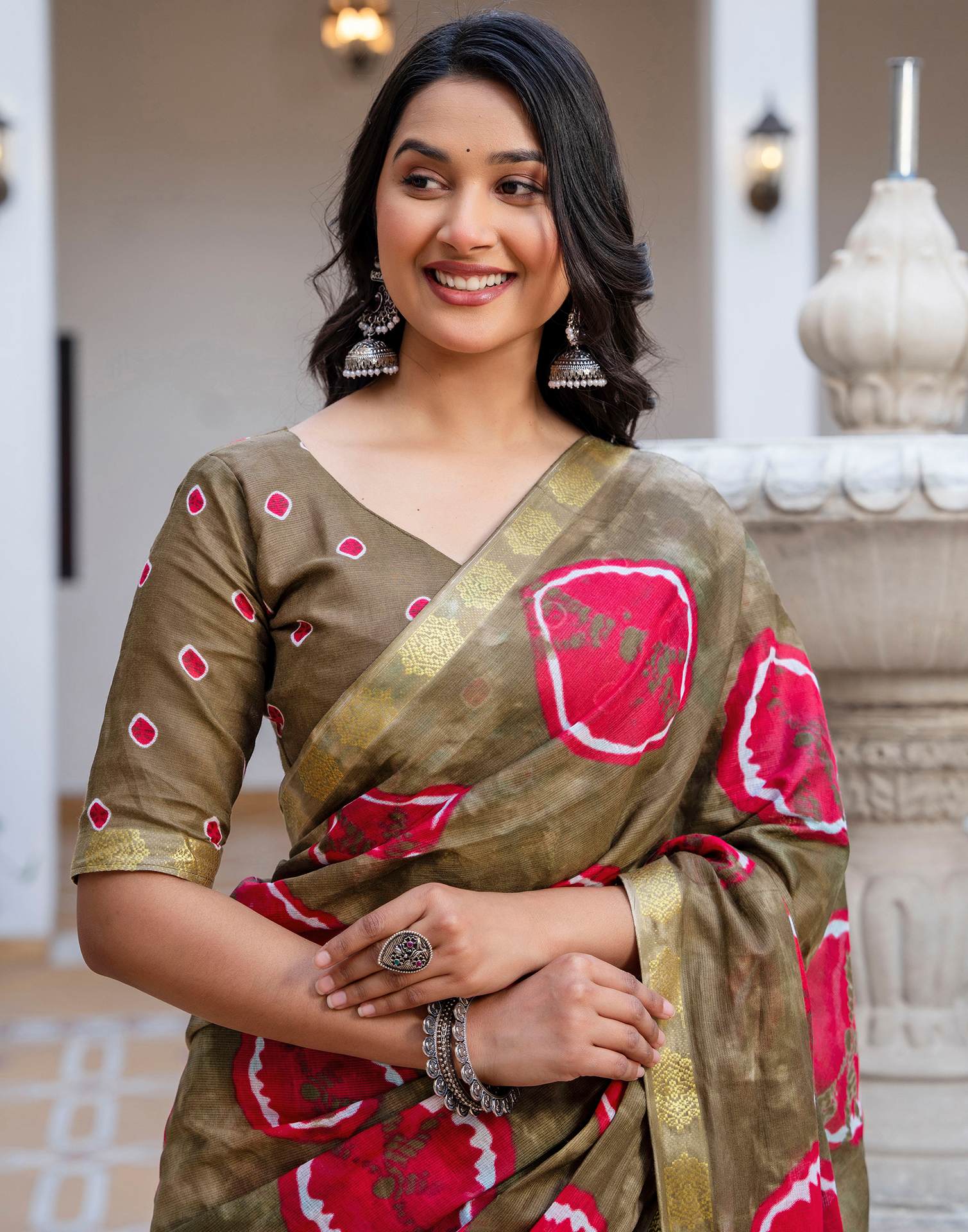 Peacock Blue Cotton Printed Woven Border Saree