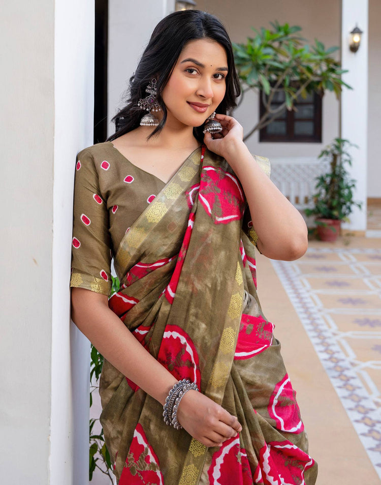 Peacock Blue Cotton Printed Woven Border Saree