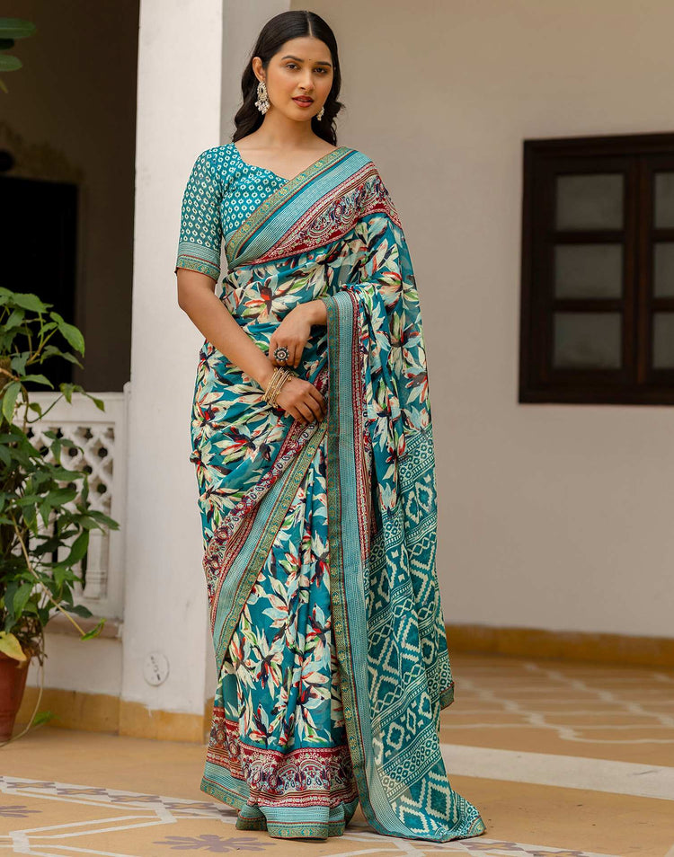 Rama Green Georgette Printed Lace Saree