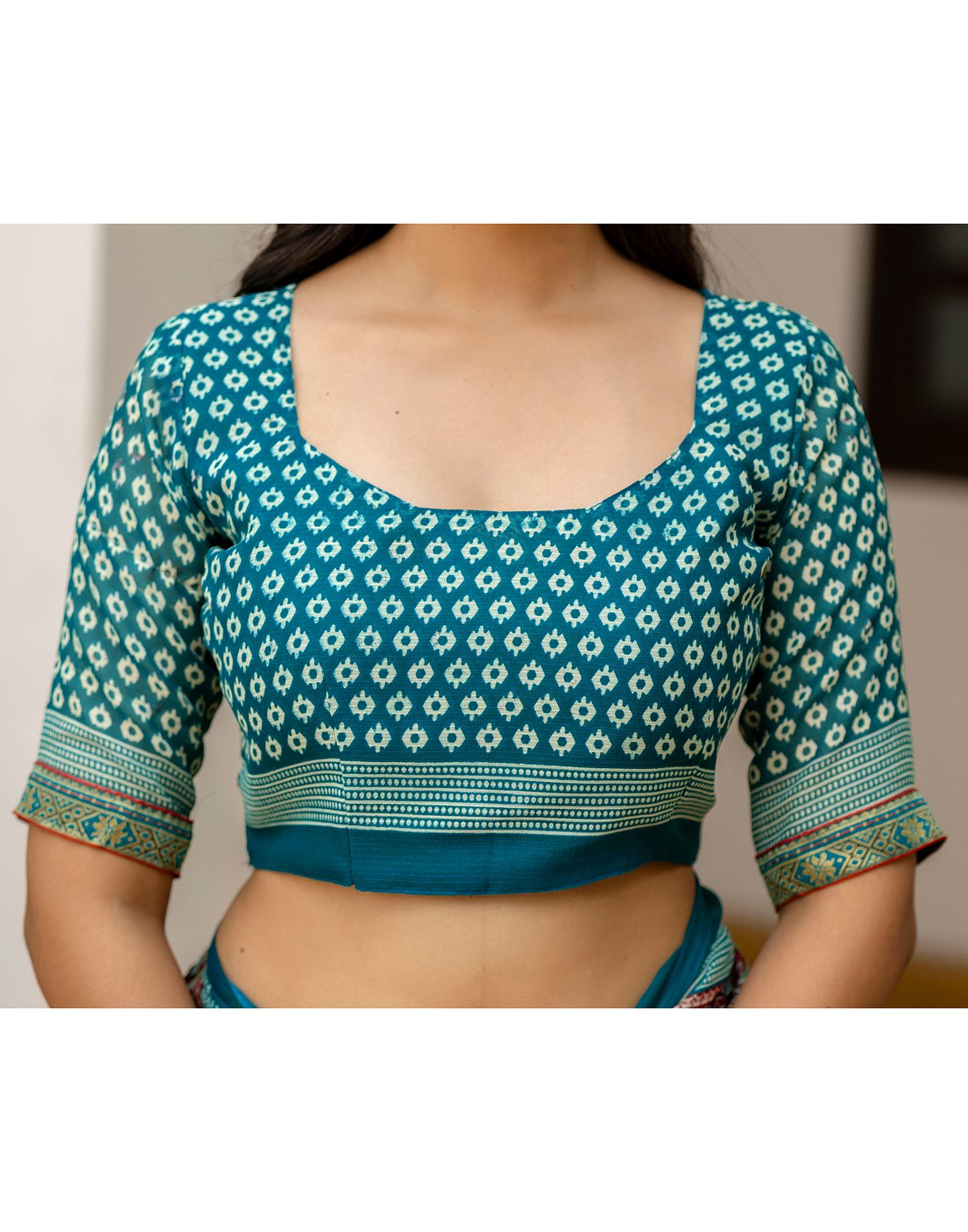 Rama Green Georgette Printed Lace Saree