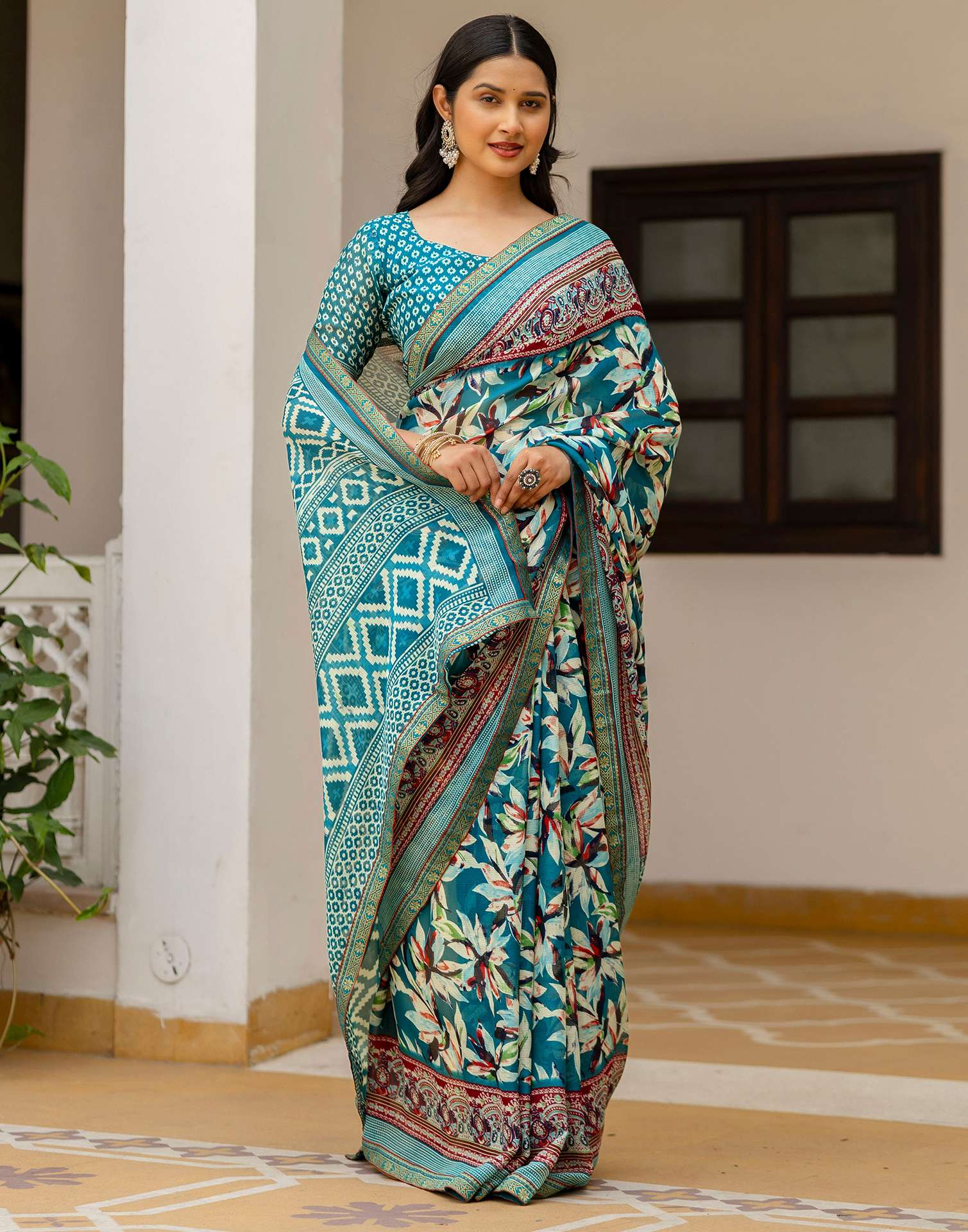 Rama Green Georgette Printed Lace Saree