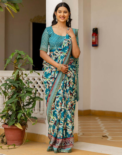 Rama Green Georgette Printed Lace Saree