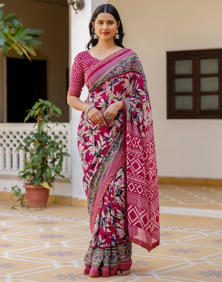 Pink Georgette Printed Lace Saree