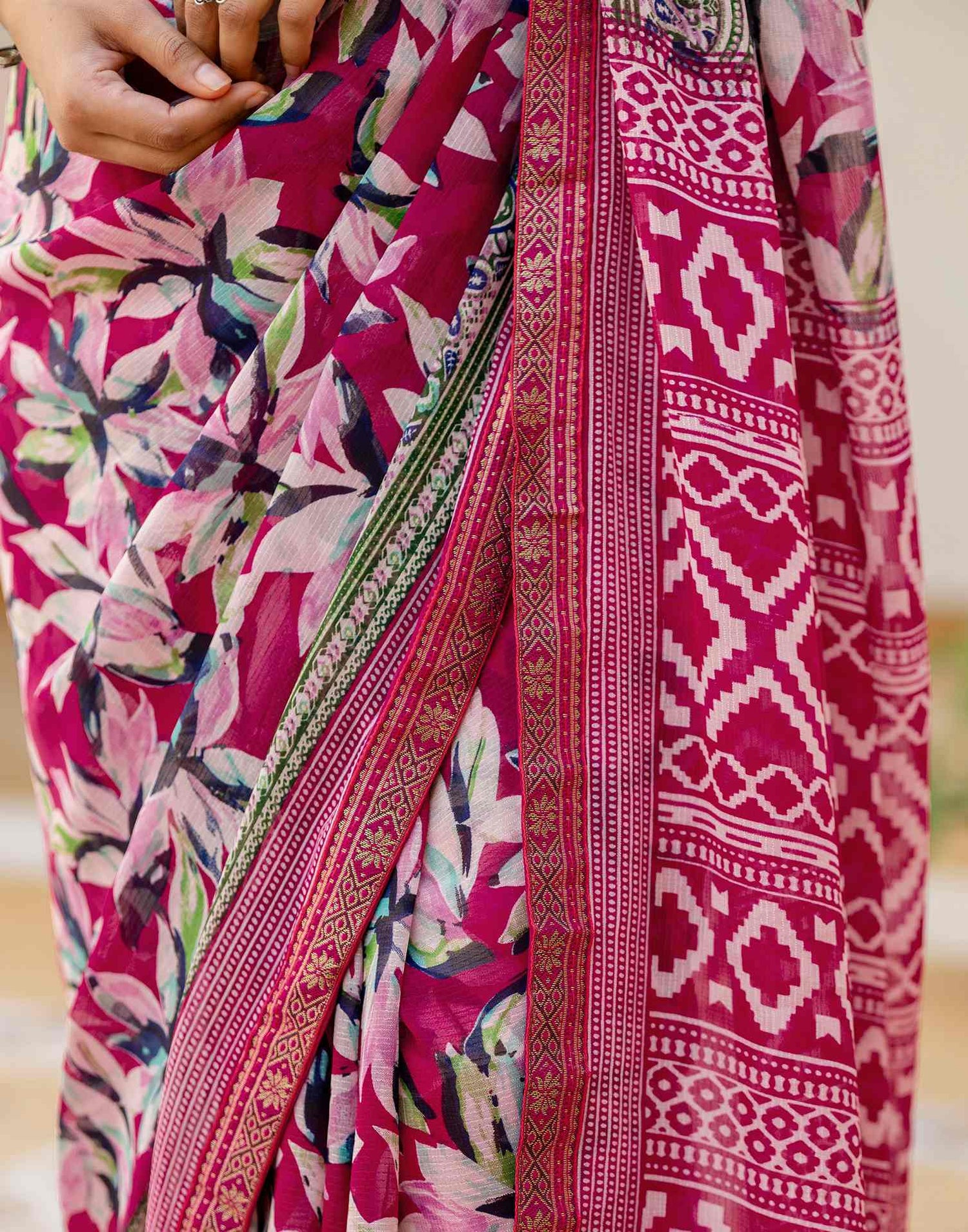 Pink Georgette Printed Lace Saree