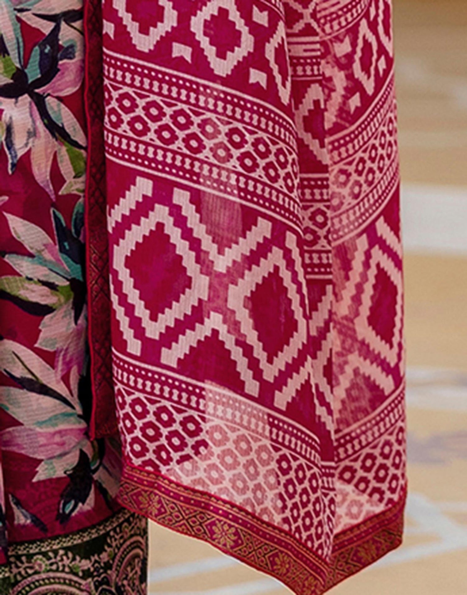 Pink Georgette Printed Lace Saree