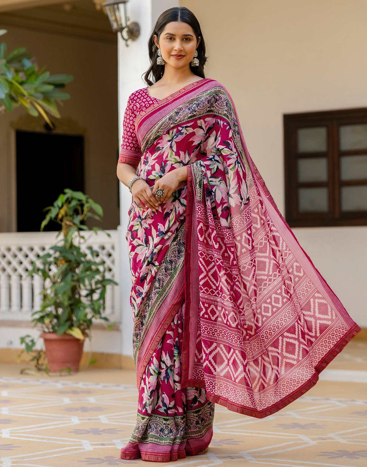 Pink Georgette Printed Lace Saree