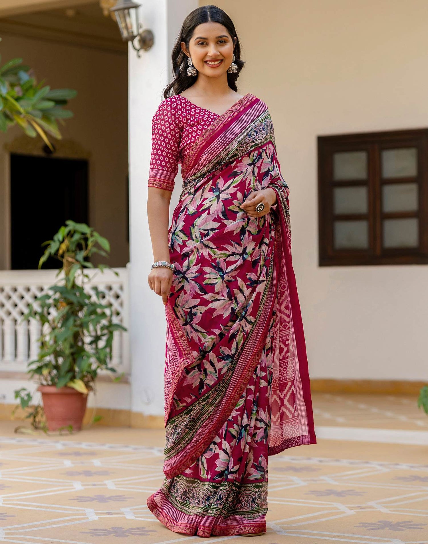 Pink Georgette Printed Lace Saree