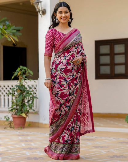 Pink Georgette Printed Lace Saree