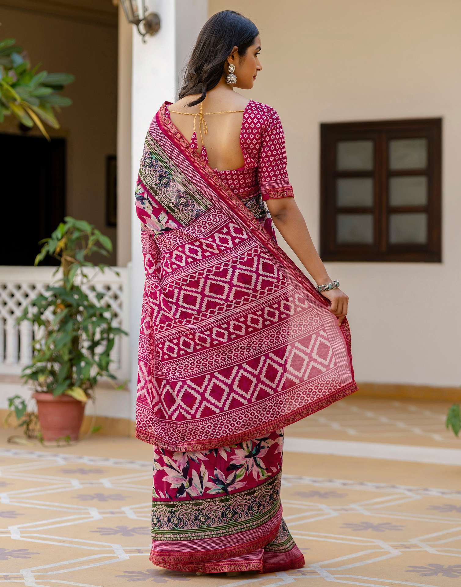 Pink Georgette Printed Lace Saree
