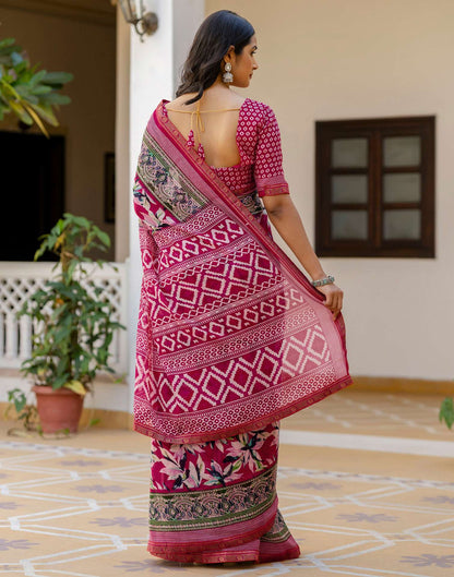 Pink Georgette Printed Lace Saree