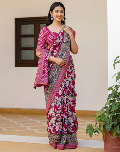 Pink Georgette Printed Lace Saree