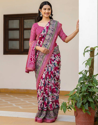 Pink Georgette Printed Lace Saree