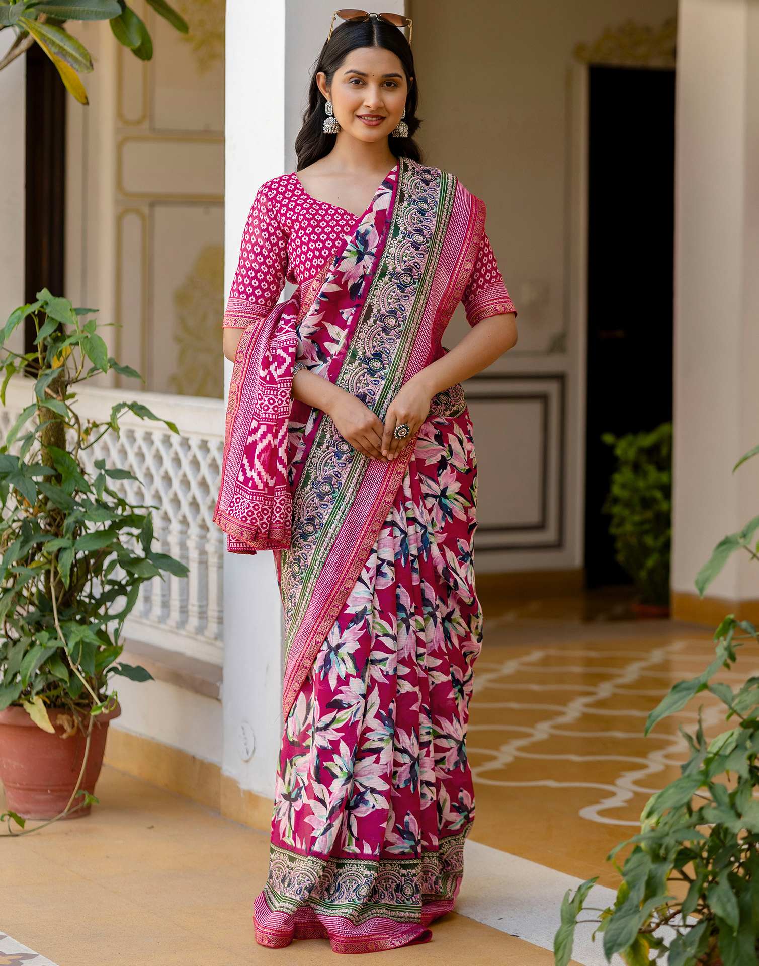 Pink Georgette Printed Lace Saree