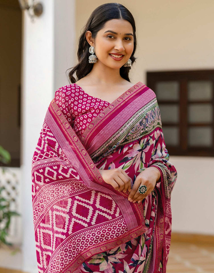 Pink Georgette Printed Lace Saree
