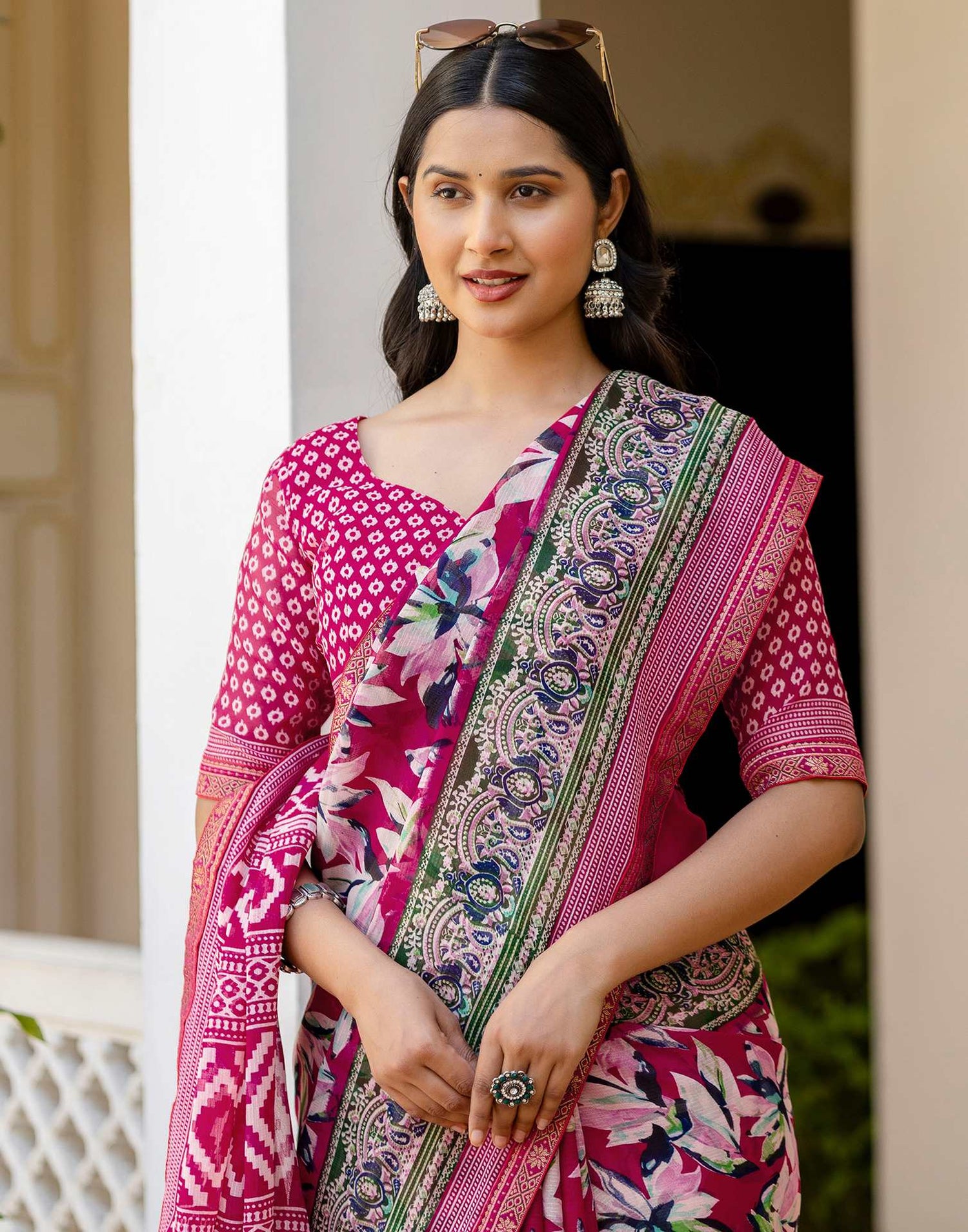 Pink Georgette Printed Lace Saree