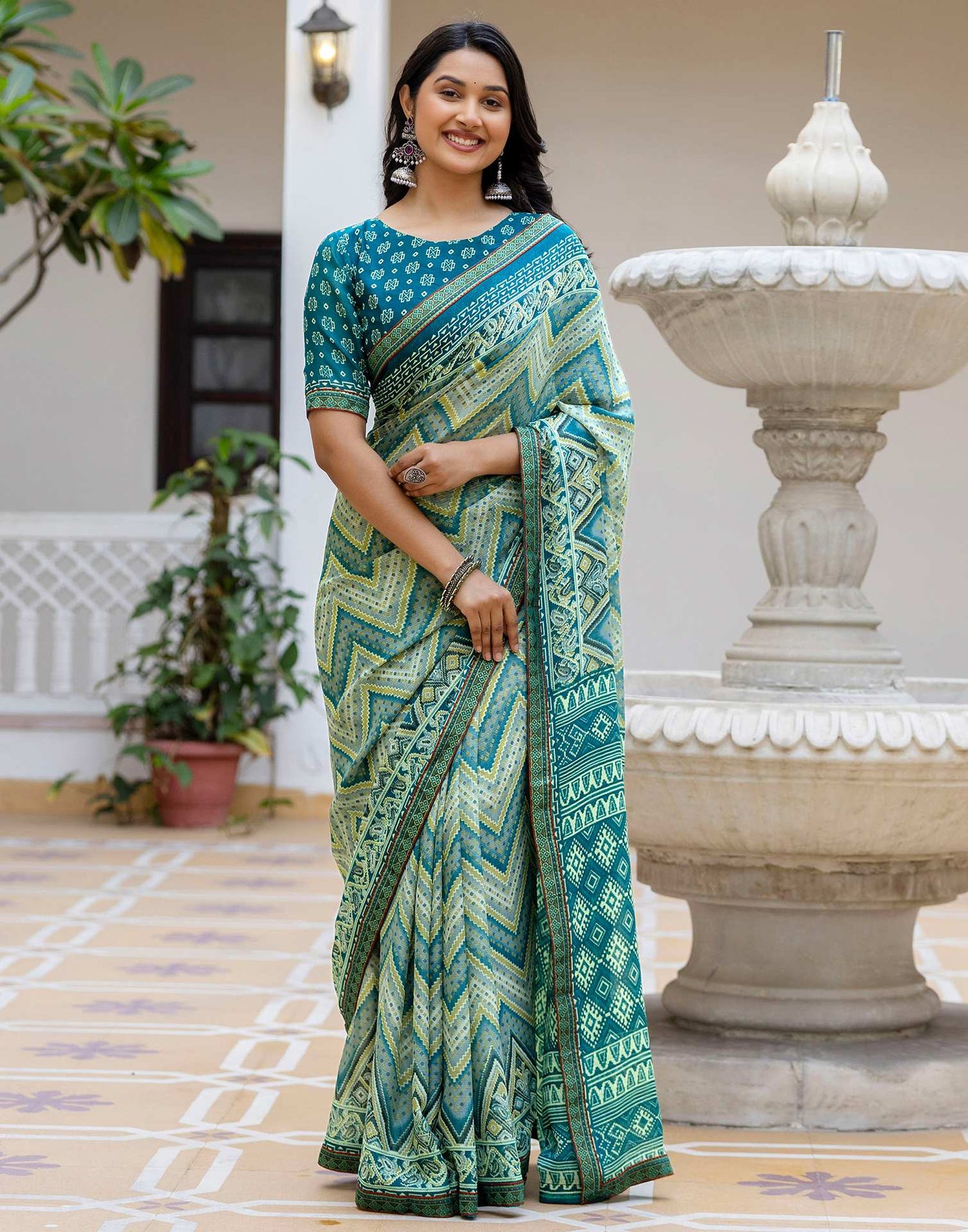 Grey Georgette Ikkat Printed Lace Saree