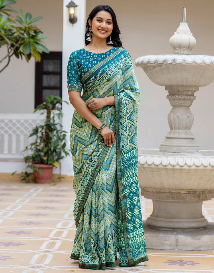 Grey Georgette Ikkat Printed Lace Saree