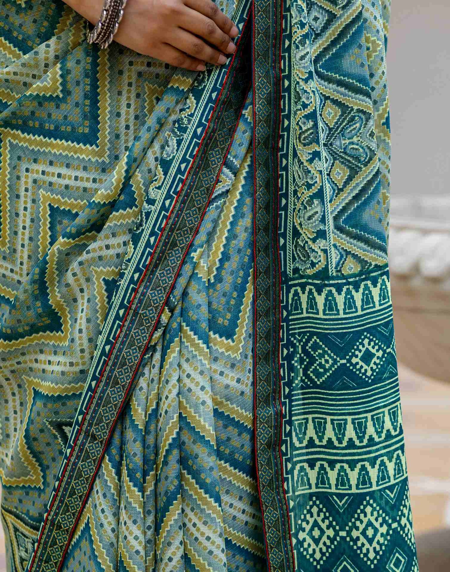 Grey Georgette Ikkat Printed Lace Saree