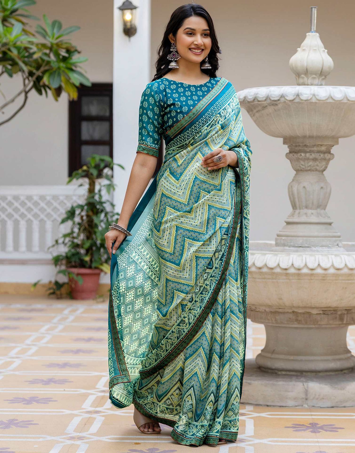 Grey Georgette Ikkat Printed Lace Saree