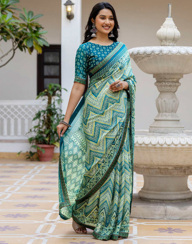 Grey Georgette Ikkat Printed Lace Saree