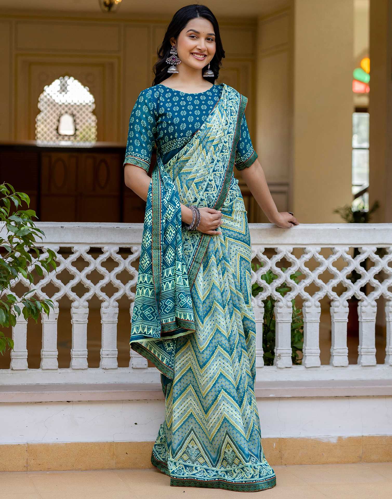 Grey Georgette Ikkat Printed Lace Saree