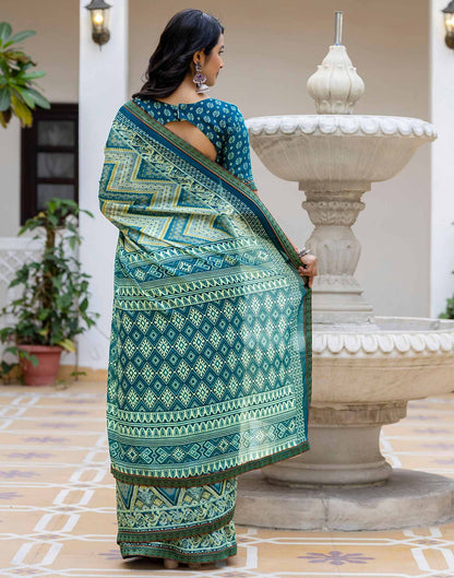 Grey Georgette Ikkat Printed Lace Saree
